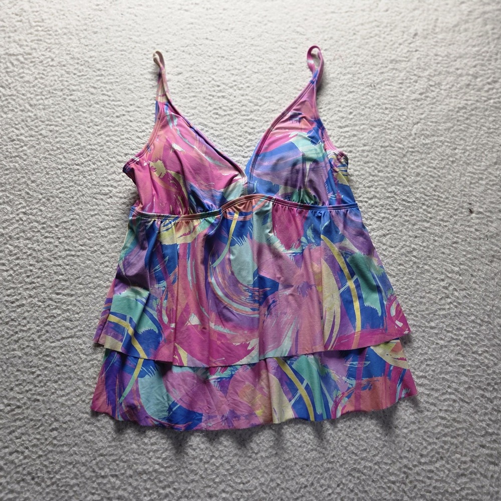 Beach House Tankini Swim Top Womens 14 Multicolor Geometric Ruffle Layered Lined